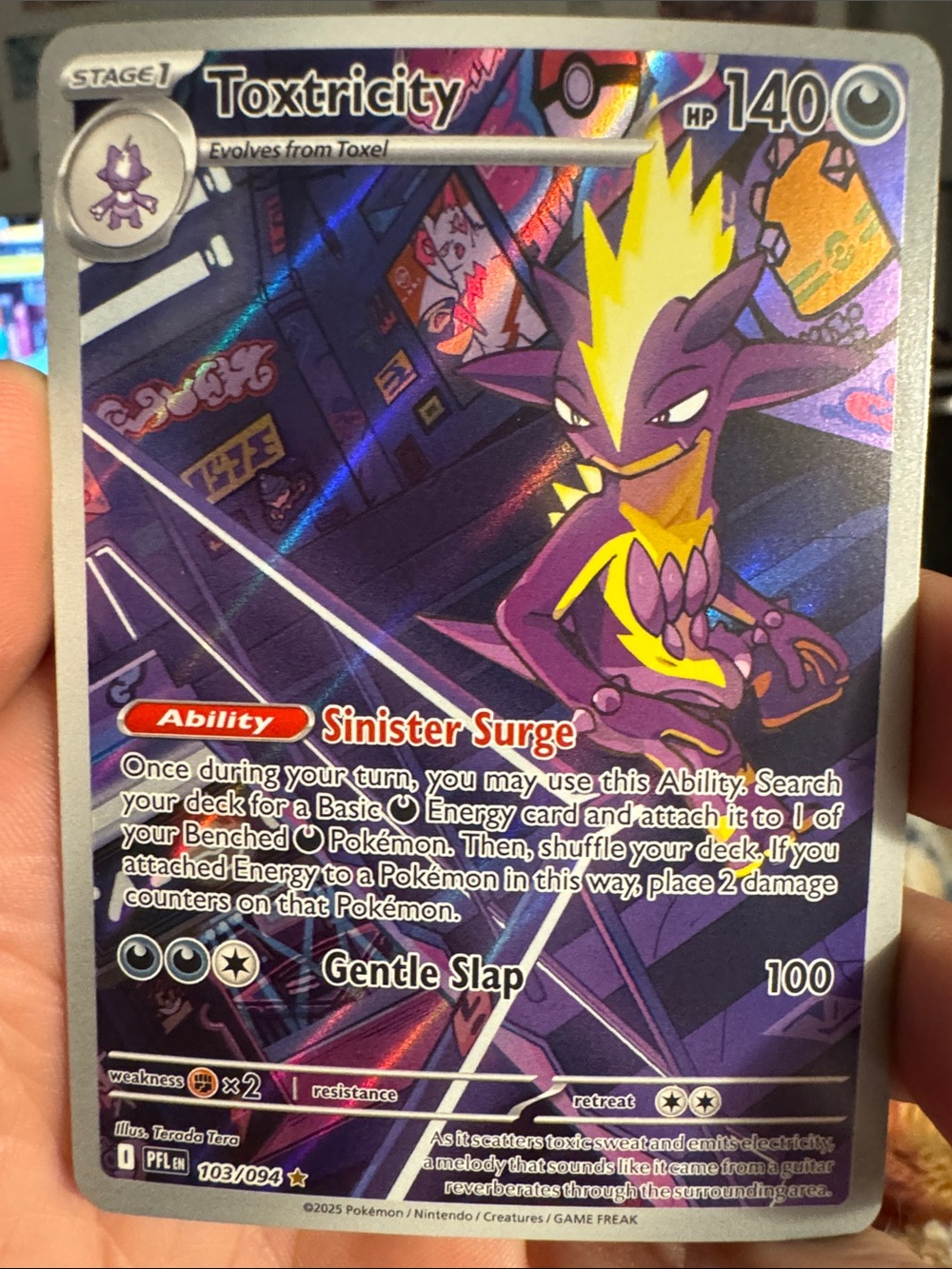 Pokemon Toxtricity Holofoil Trading Card — Purple & Yellow
